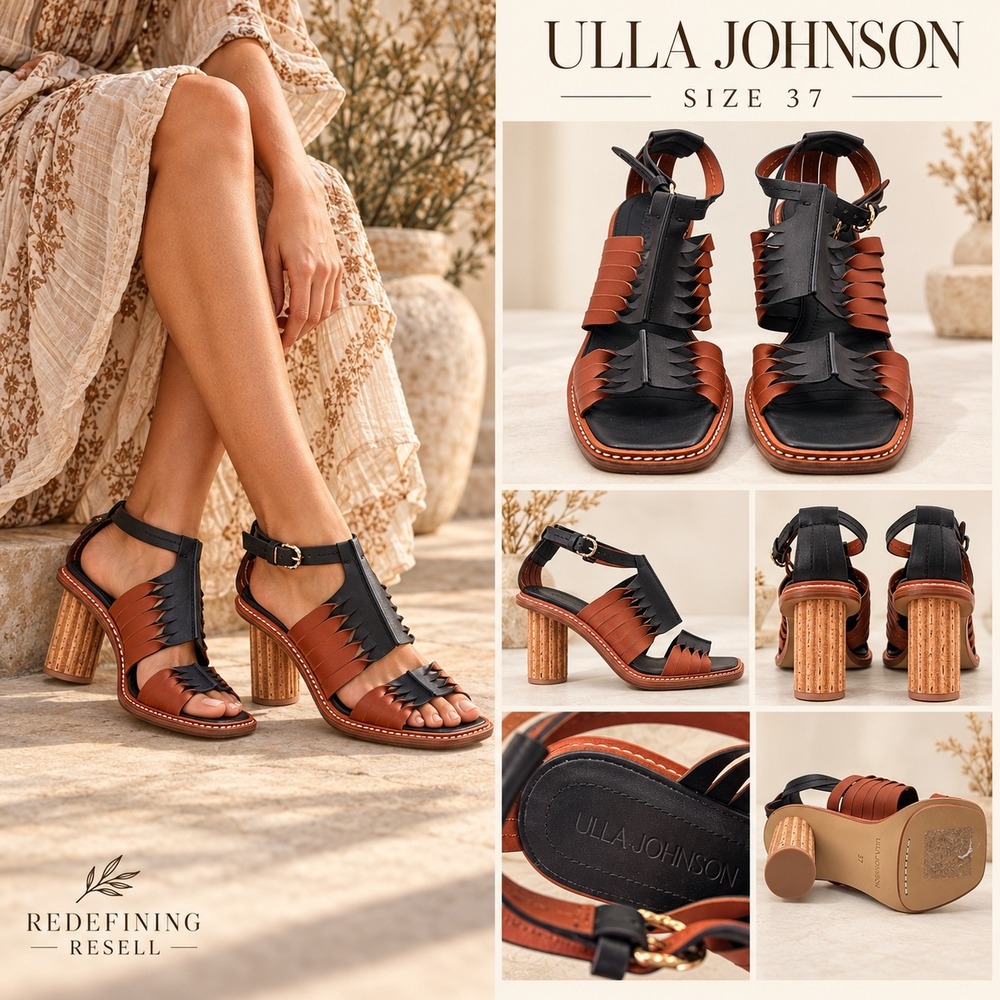Ulla Johnson Two-Tone Leather Square Toe Cylinder Block Heel Sandals Size 37